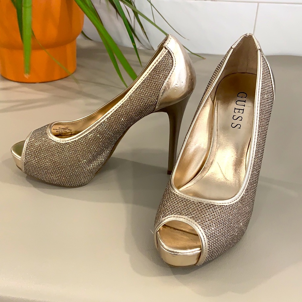 GUESS Metallic Gold Glitter Platform Open-toe Pumps 5.5